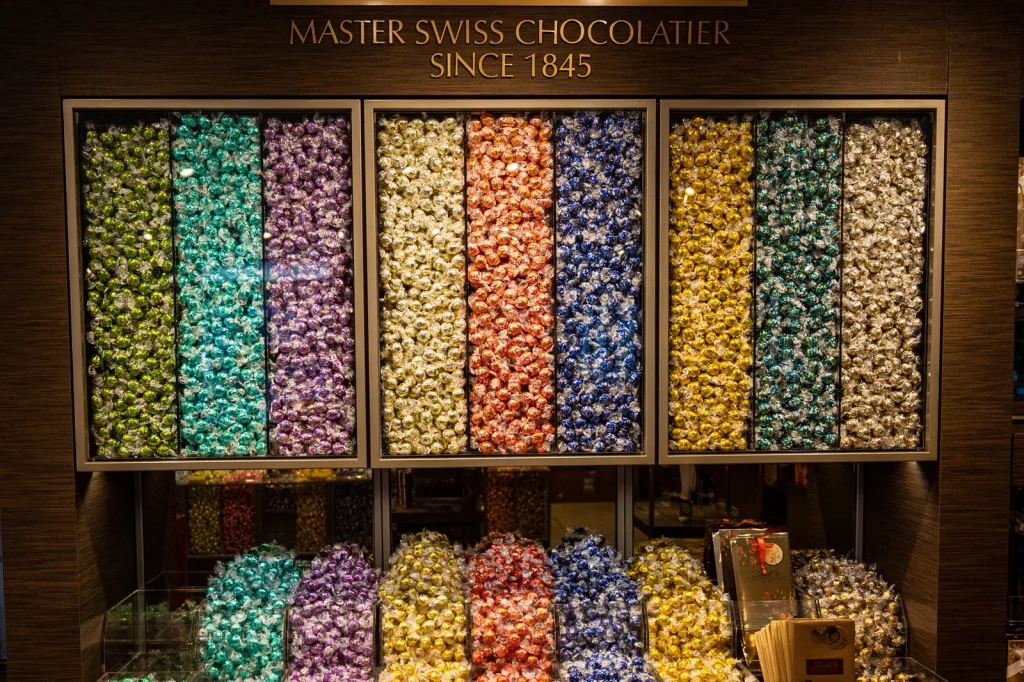 A wall of chocolate truffles at LIndt Chocolate in Princeton