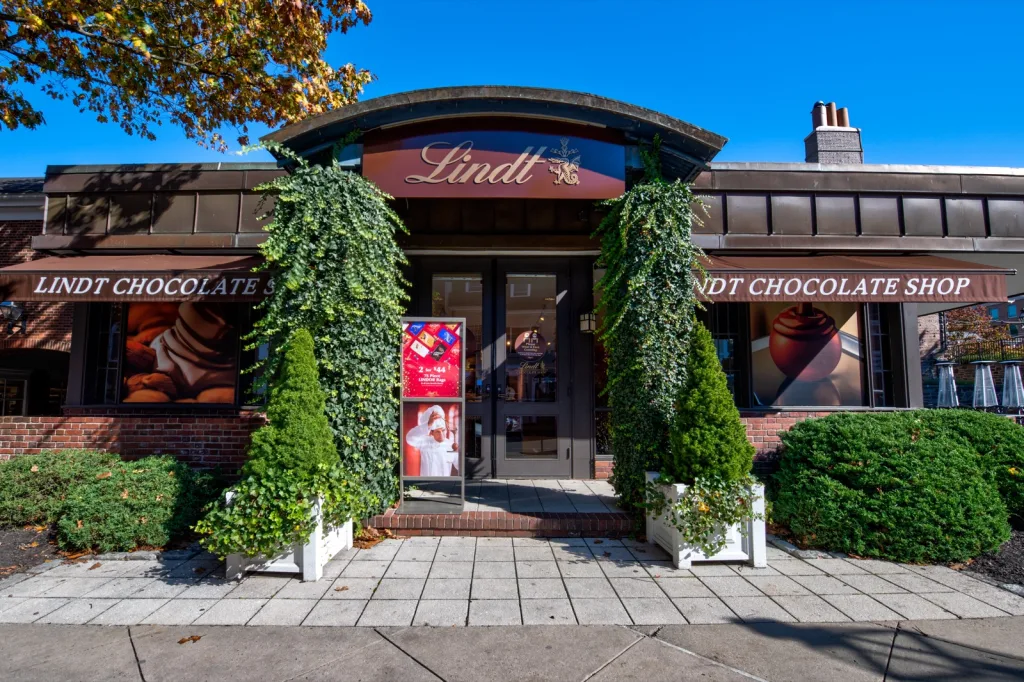 The grand entrance to Lindt Chocolate in Princeton, NJ